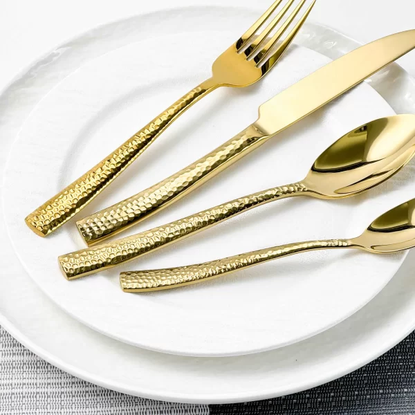 Best Seller Wholesale Gold Silverware, Hammered Flatware Set-4