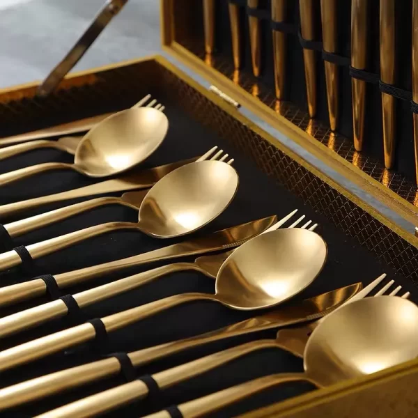 24/36pcs Luxury Bulk Gold Flatware Sets with Wooden Gift Box-5