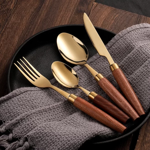 4pcs Bulk Restaurant Flatware Set With Natural Wooden Handle-3