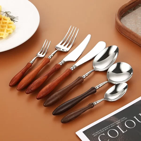 Bulk Stainless Steel Cutlery, Wooden Handle Flatware Sets-3
