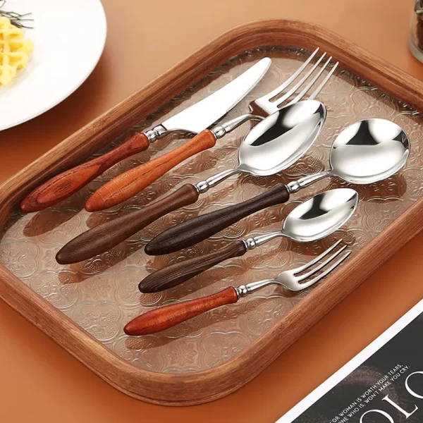 Bulk Stainless Steel Cutlery, Wooden Handle Flatware Sets-4