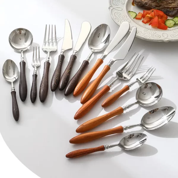 Bulk Stainless Steel Cutlery, Wooden Handle Flatware Sets-6